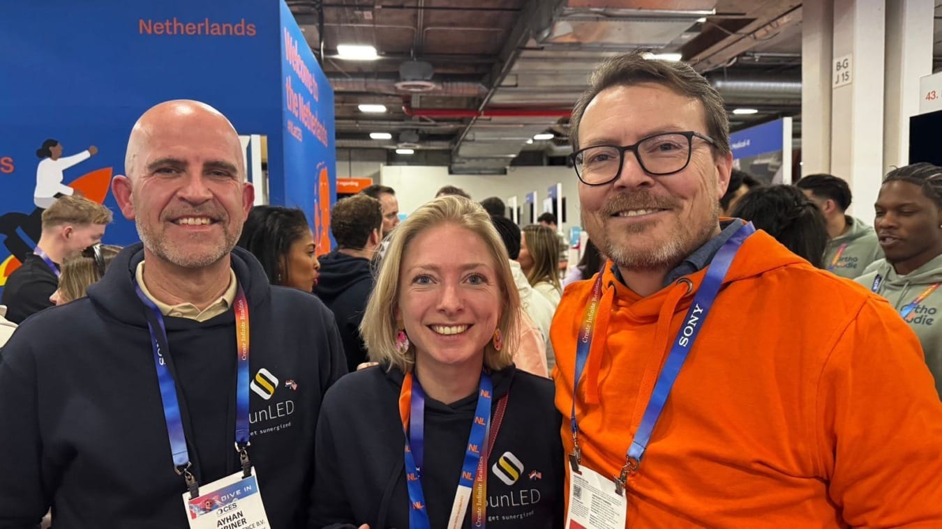 SunLED CEO Ayhan Siriner with CTO and Co-founder Anne Berends meet up with Dutch startup ambassador Prince Constantijn van Oranje-Nassau at CES Las Vegas, January 2025.