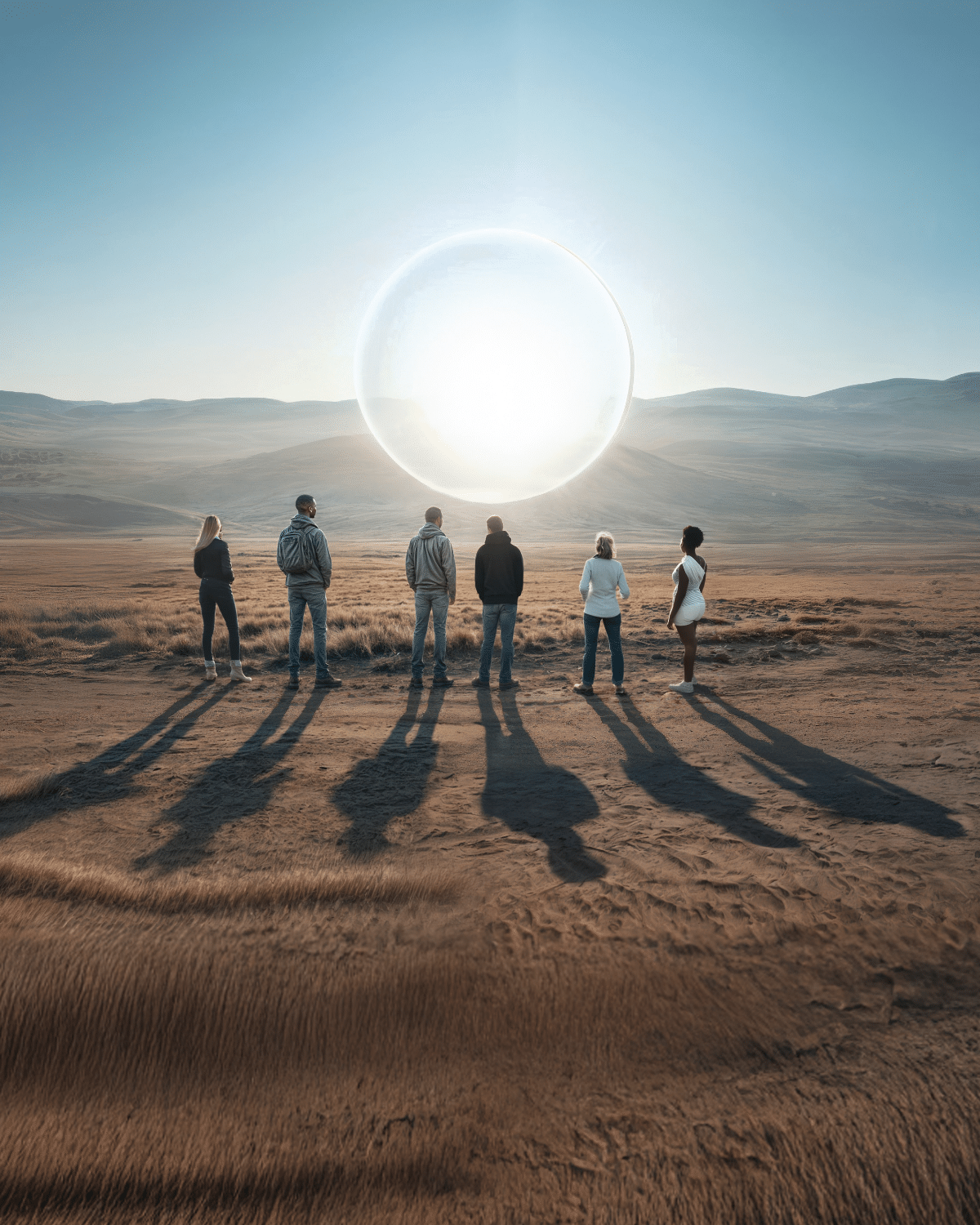 SunLED card, people standing in front of a shining globe